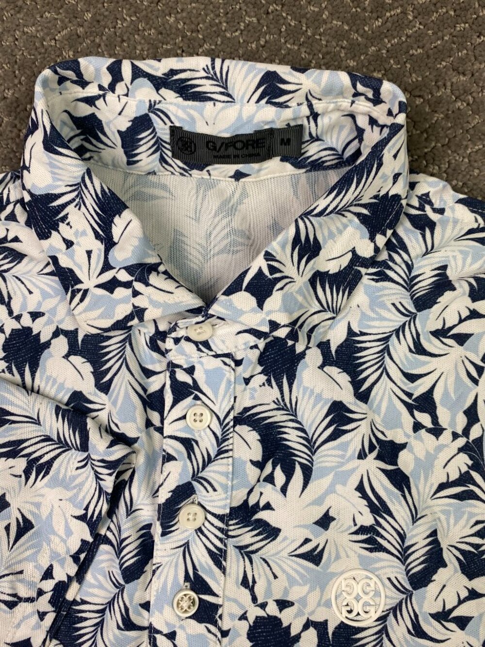 G/FORE Polo Shirt Mens Medium Blue White Tech Pique Floral Tropical Golf